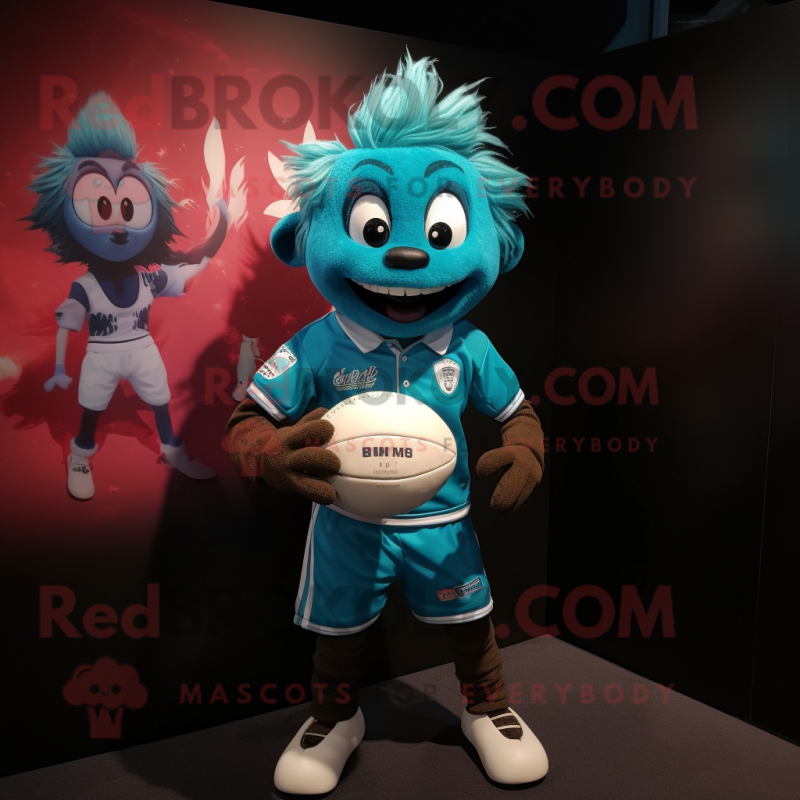 Turquoise Rugby Ball mascot costume character dressed with a Graphic Tee and Cummerbunds Turquoise Rugby Ball mascot costume character dressed with a Graphic Tee and Cummerbunds