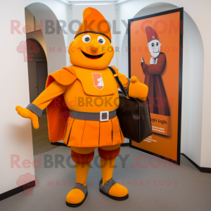 Orange Swiss Guard mascot costume character dressed with a Chinos and Briefcases