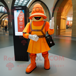 Orange Swiss Guard mascot costume character dressed with a Chinos and Briefcases