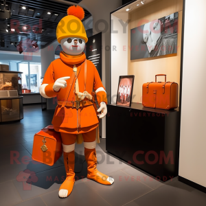 Orange Swiss Guard mascot costume character dressed with a Chinos and Briefcases