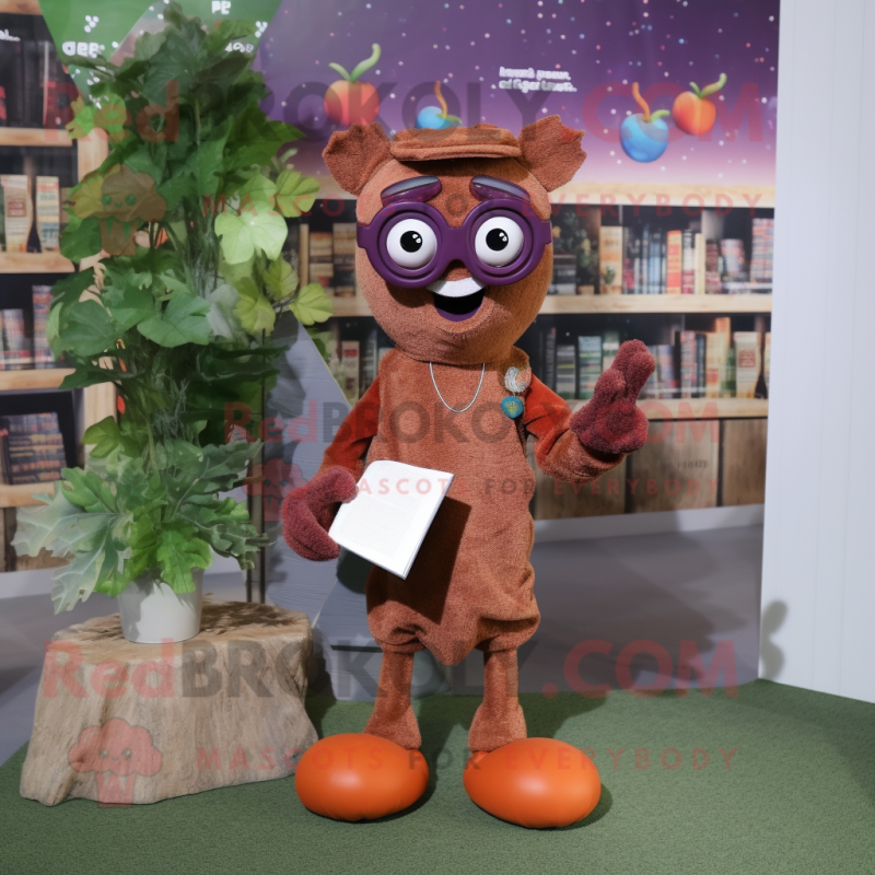 Rust Grape mascot costume character dressed with a Sweater and Reading glasses Rust Grape mascot costume character dressed with a Sweater and Reading glasses