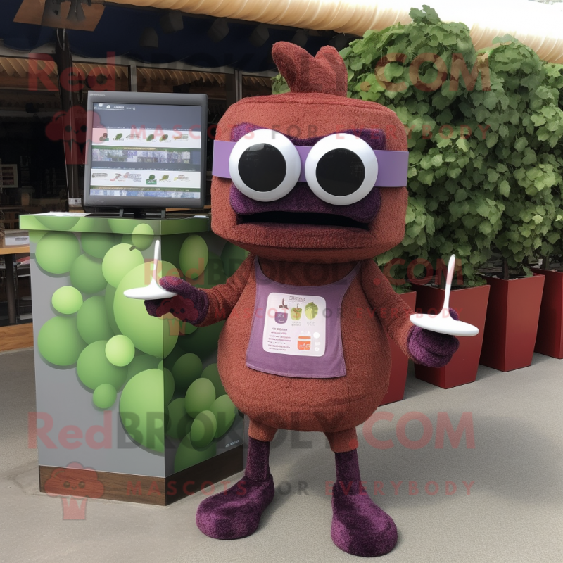 Rust Grape mascot costume character dressed with a Sweater and Reading glasses Rust Grape mascot costume character dressed with a Sweater and Reading glasses