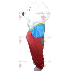 Polar bear mascot with red overalls and a t-shirt -