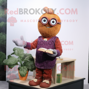 Rust Grape mascot costume character dressed with a Sweater and Reading glasses