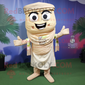 Beige Pad Thai mascot costume character dressed with a Henley Shirt and Wraps