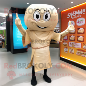 Beige Pad Thai mascot costume character dressed with a Henley Shirt and Wraps