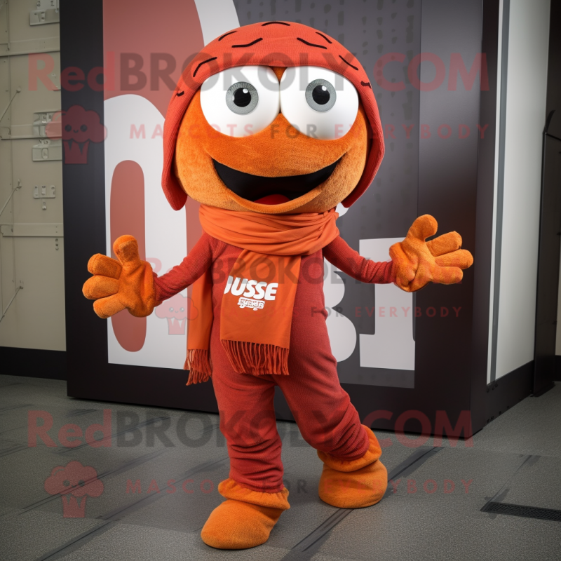 Rust Orange mascot costume character dressed with a Joggers and Scarves