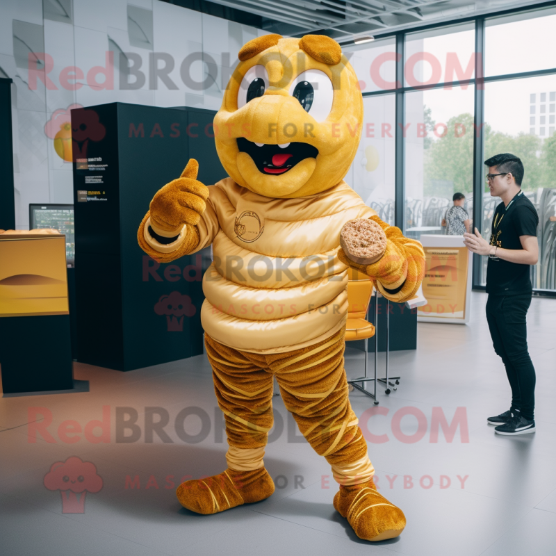 Gold Croissant mascot costume character dressed with a T-Shirt and Anklets