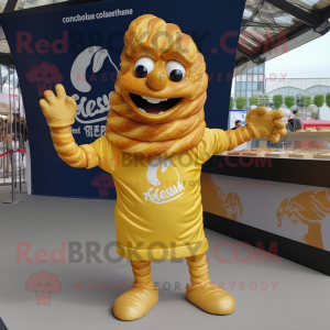 Gold Croissant mascot costume character dressed with a T-Shirt and Anklets