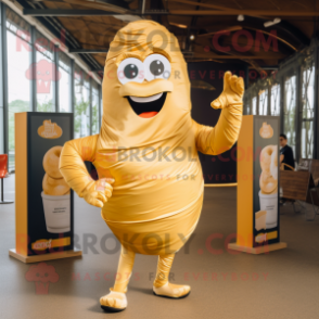 Gold Croissant mascot costume character dressed with a T-Shirt and Anklets