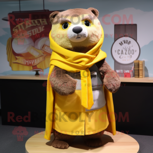 Yellow Otter mascot costume character dressed with a Coat and Shawls