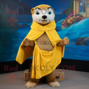 Yellow Otter mascot costume character dressed with a Coat and Shawls