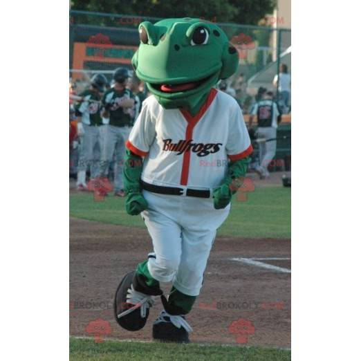 Green frog mascot in white baseball outfit - Redbrokoly.com