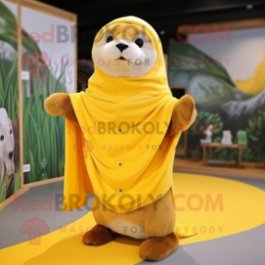 Yellow Otter mascot costume character dressed with a Coat and Shawls