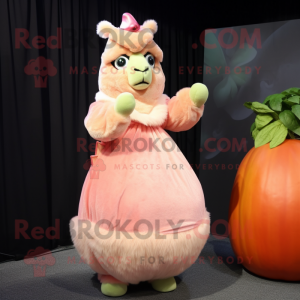 Peach Alpaca mascot costume character dressed with a Ball Gown and Caps