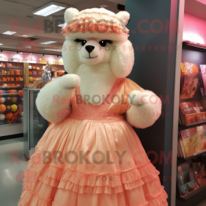 Peach Alpaca mascot costume character dressed with a Ball Gown and Caps