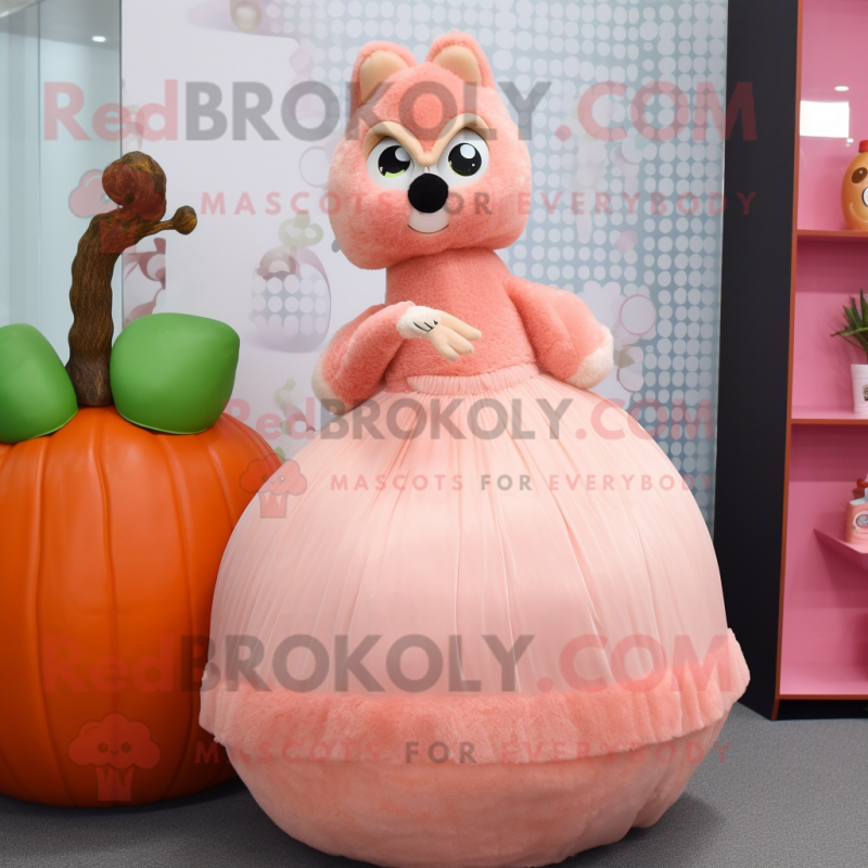Peach Alpaca mascot costume character dressed with a Ball Gown and Caps Peach Alpaca mascot costume character dressed with a Ball Gown and Caps