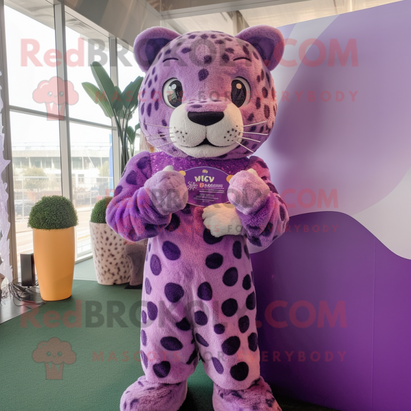 Purple Leopard mascot costume character dressed with a Blouse and Cummerbunds