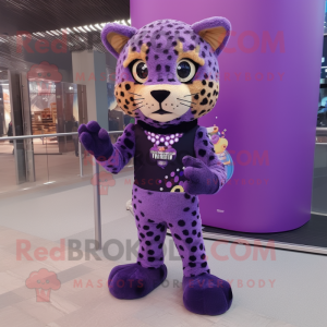 Purple Leopard mascot costume character dressed with a Blouse and Cummerbunds