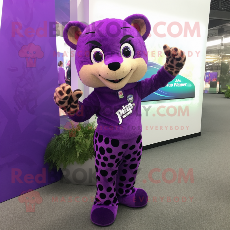 Purple Leopard mascot costume character dressed with a Blouse and Cummerbunds Purple Leopard mascot costume character dressed with a Blouse and Cummerbunds