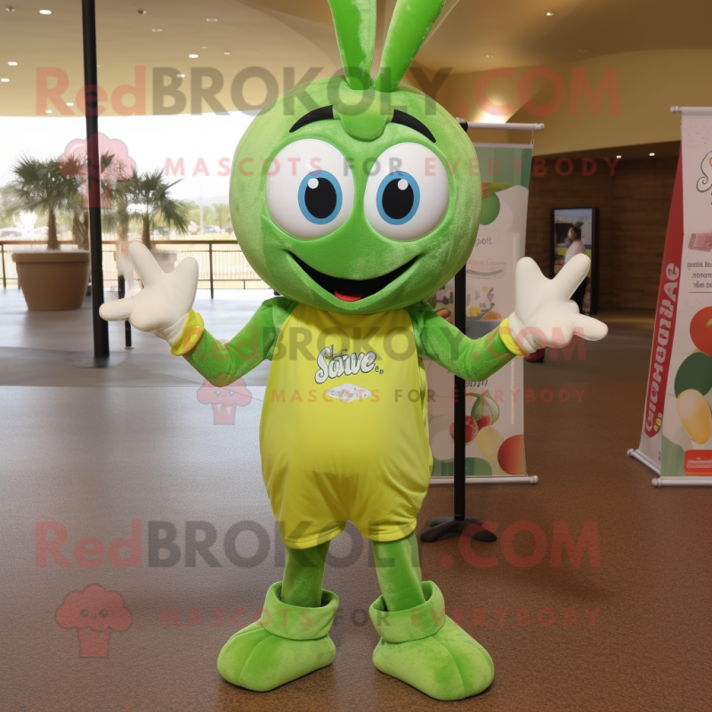 Olive Shrimp Scampi mascot costume character dressed with a Graphic Tee and Anklets Olive Shrimp Scampi mascot costume character dressed with a Graphic Tee and Anklets