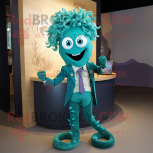 Teal Medusa mascot costume character dressed with a Blazer and Brooches