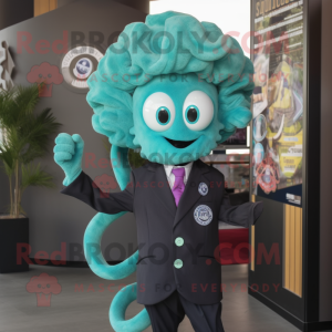 Teal Medusa mascot costume character dressed with a Blazer and Brooches
