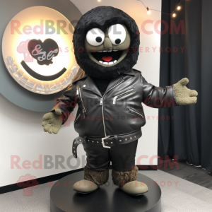 Black Bagels mascot costume character dressed with a Leather Jacket and Scarf clips