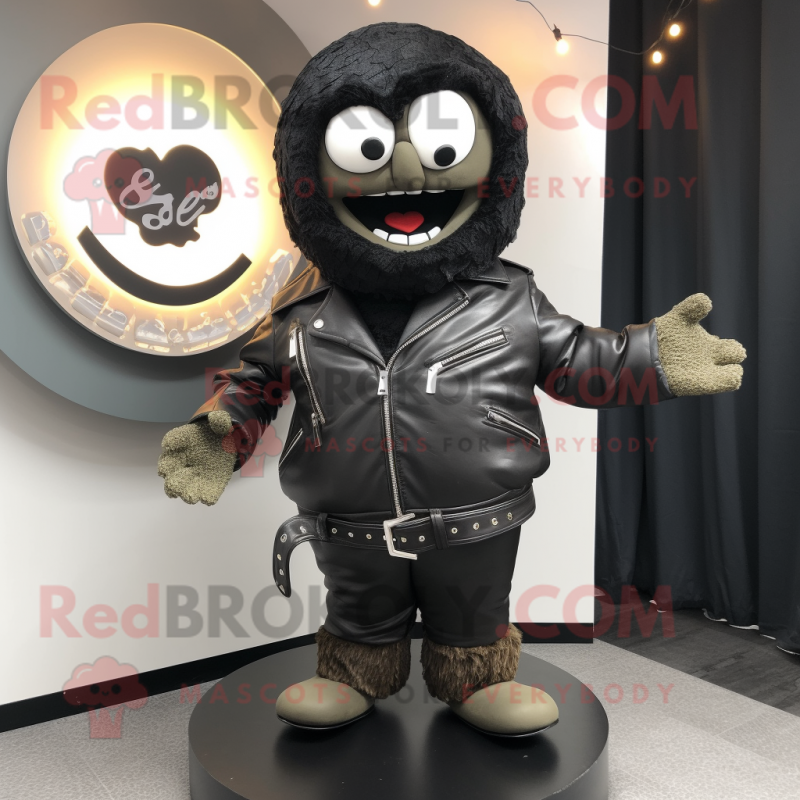 Black Bagels mascot costume character dressed with a Leather Jacket and Scarf clips Black Bagels mascot costume character dressed with a Leather Jacket and Scarf clips