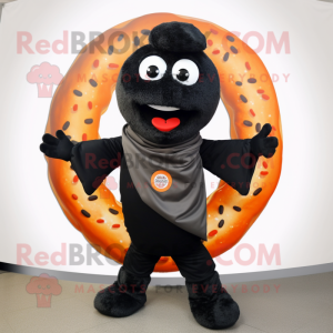 Black Bagels mascot costume character dressed with a Leather Jacket and Scarf clips