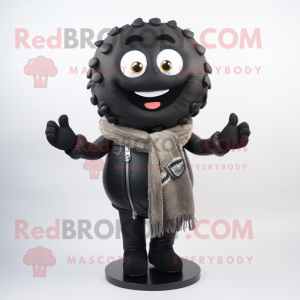 Black Bagels mascot costume character dressed with a Leather Jacket and Scarf clips