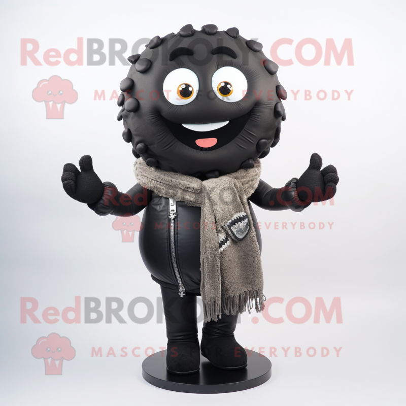 Black Bagels mascot costume character dressed with a Leather Jacket and Scarf clips Black Bagels mascot costume character dressed with a Leather Jacket and Scarf clips