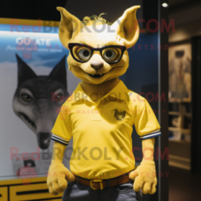 Yellow Gargoyle mascot costume character dressed with a Polo Shirt and Eyeglasses