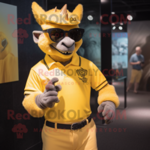 Yellow Gargoyle mascot costume character dressed with a Polo Shirt and Eyeglasses