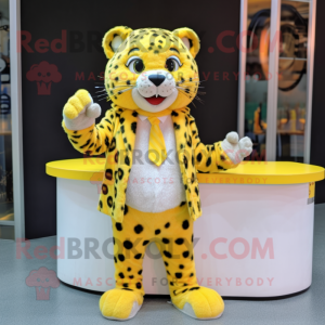 Lemon Yellow Leopard mascot costume character dressed with a Blazer and Hairpins