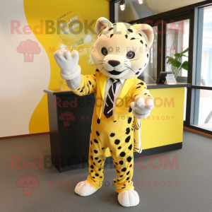 Lemon Yellow Leopard mascot costume character dressed with a Blazer and Hairpins