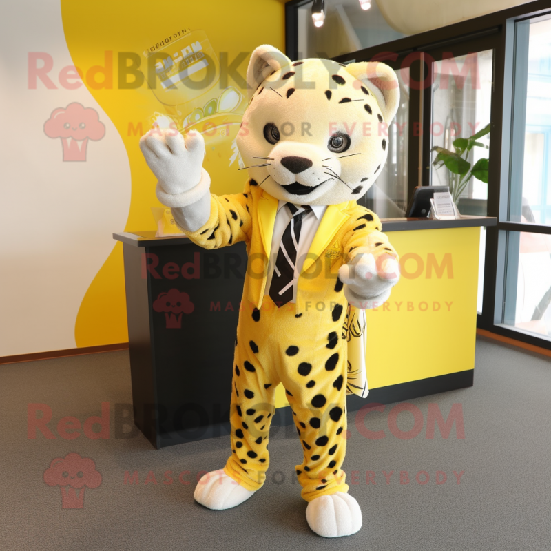 Lemon Yellow Leopard mascot costume character dressed with a Blazer and Hairpins Lemon Yellow Leopard mascot costume character dressed with a Blazer and Hairpins