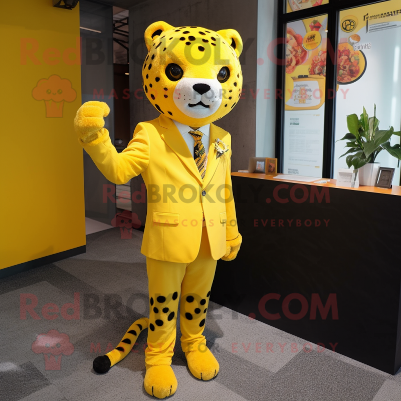 Lemon Yellow Leopard mascot costume character dressed with a Blazer and Hairpins