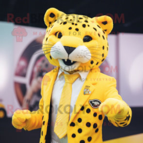 Lemon Yellow Leopard mascot costume character dressed with a Blazer and Hairpins