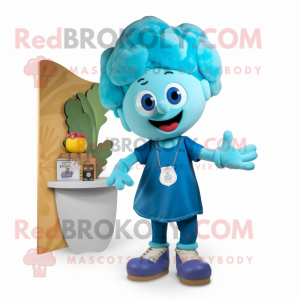 Cyan Cauliflower mascot costume character dressed with a Dungarees and Necklaces