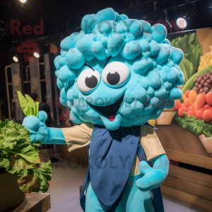 Cyan Cauliflower mascot costume character dressed with a Dungarees and Necklaces
