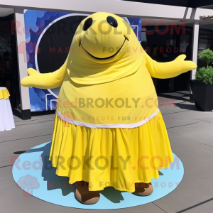 Lemon Yellow Walrus mascot costume character dressed with a Circle Skirt and Wraps