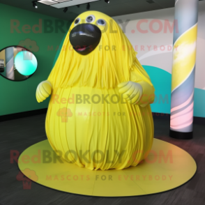 Lemon Yellow Walrus mascot costume character dressed with a Circle Skirt and Wraps