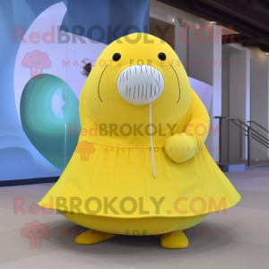 Lemon Yellow Walrus mascot costume character dressed with a Circle Skirt and Wraps