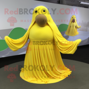 Lemon Yellow Walrus mascot costume character dressed with a Circle Skirt and Wraps