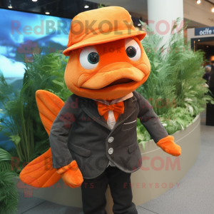 Orange Salmon mascot costume character dressed with a Suit and Berets