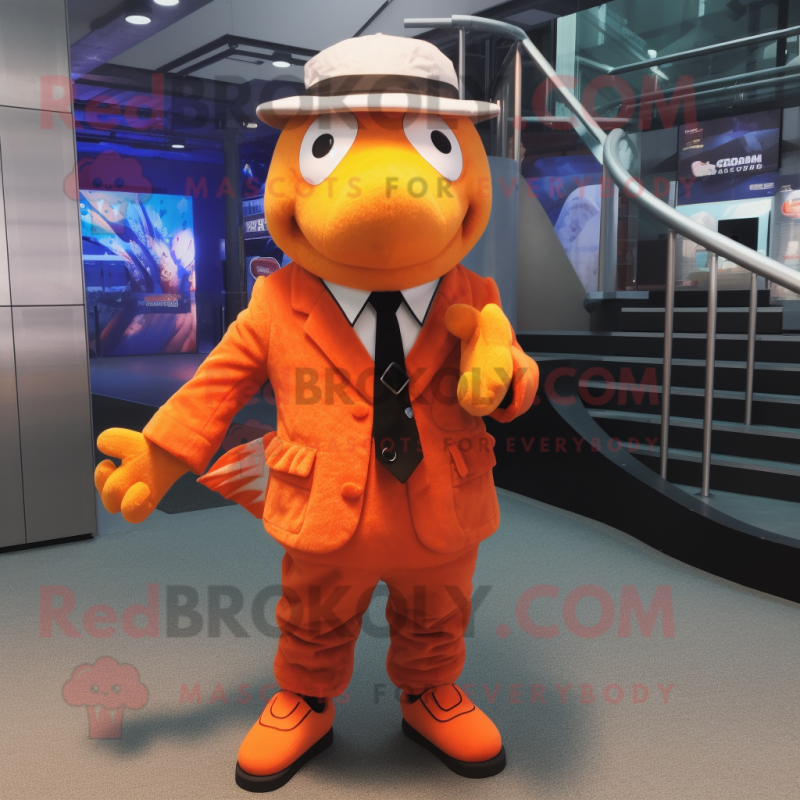 Orange Salmon mascot costume character dressed with a Suit and Berets