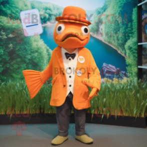 Orange Salmon mascot costume character dressed with a Suit and Berets