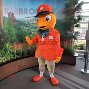 Orange Salmon mascot costume character dressed with a Suit and Berets
