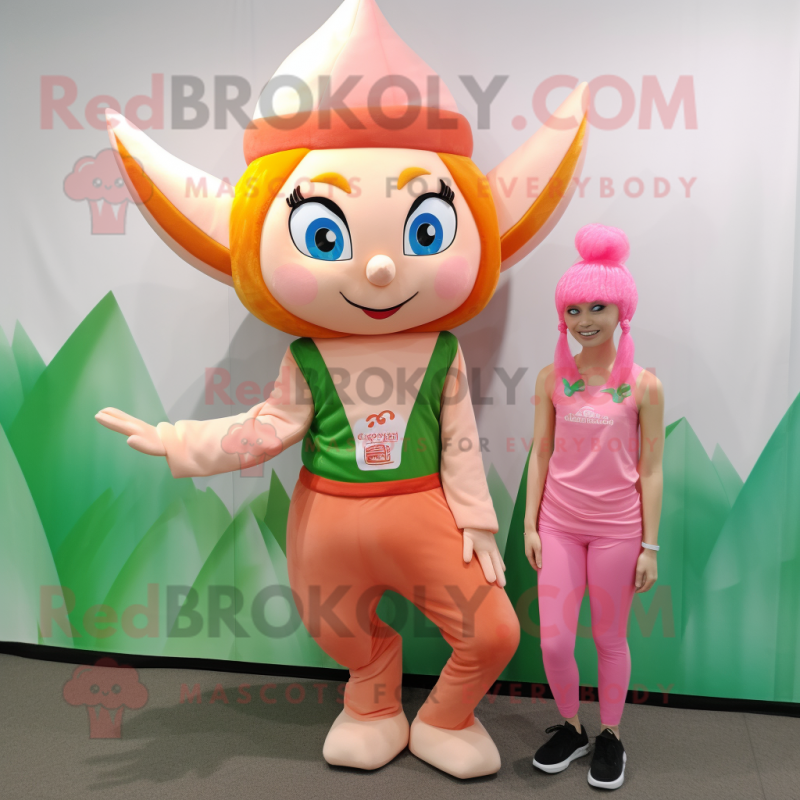 Peach Elf mascot costume character dressed with a Tank Top and Hair clips